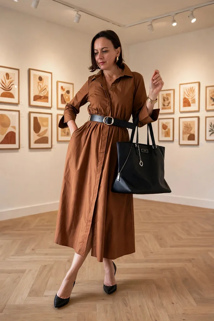 copper-shirt-dress-and-black-accessories