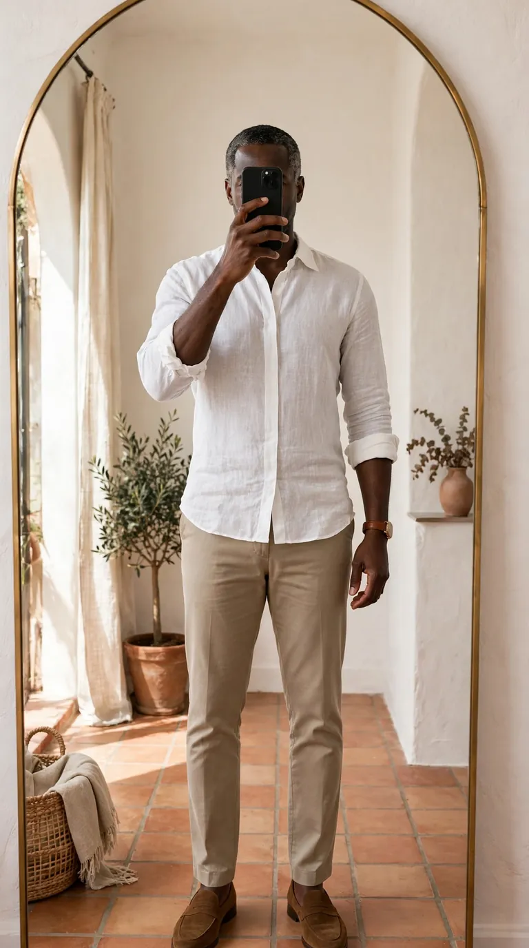 Mature Black man in a white linen shirt and stone chinos with brown suede loafers, mirror selfie