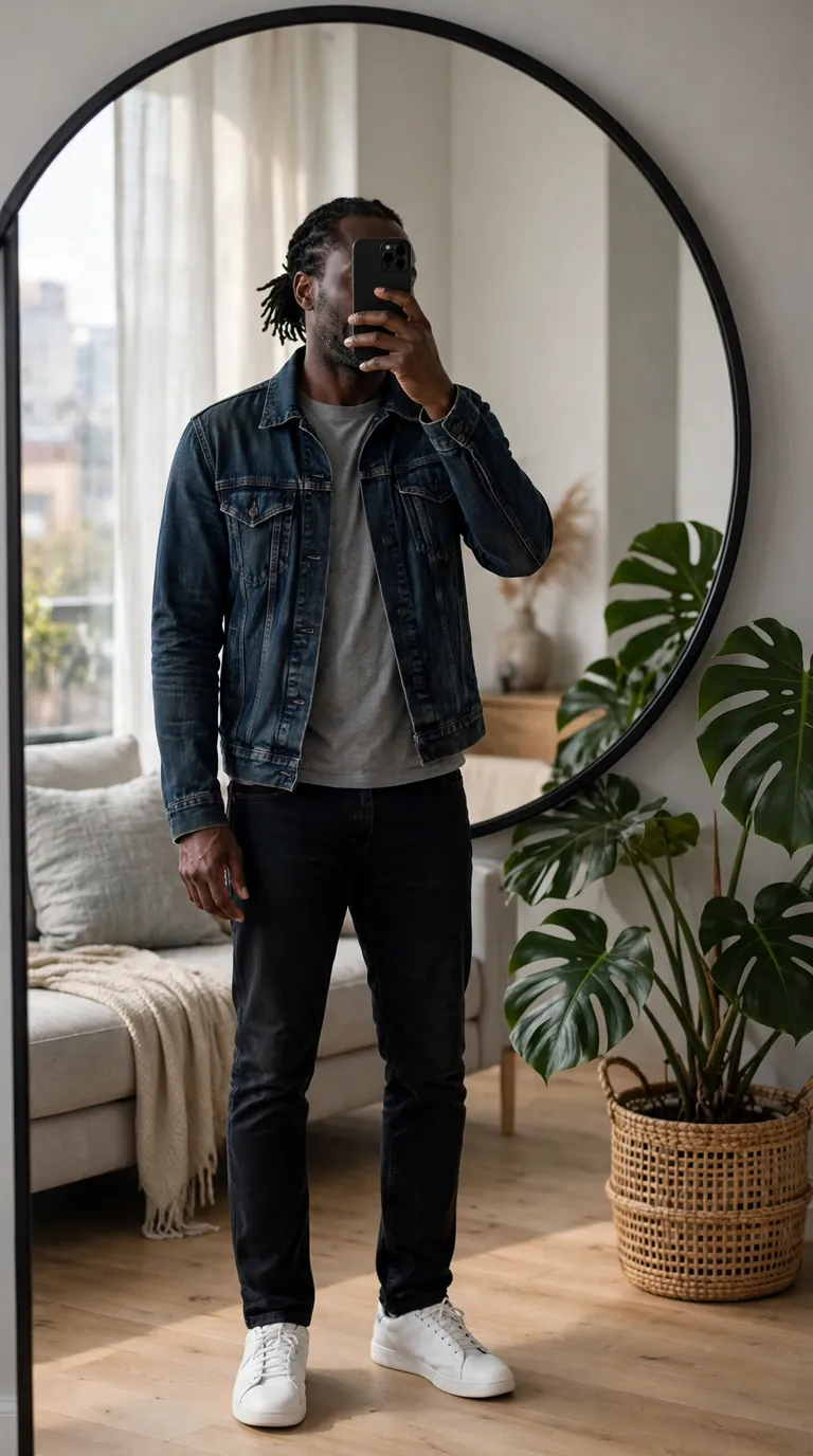 Black man in a dark denim jacket over a grey tee with black jeans and white sneakers, mirror selfie