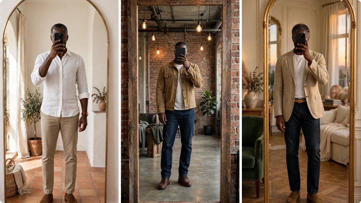 Collage of three casual outfit ideas for Black men over 40: white linen shirt, tan suede trucker jacket, sand blazer