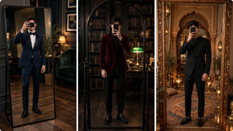 Collage of three formal outfit ideas for men in their 20s: midnight blue tuxedo, burgundy velvet blazer, black bandhgala suit.