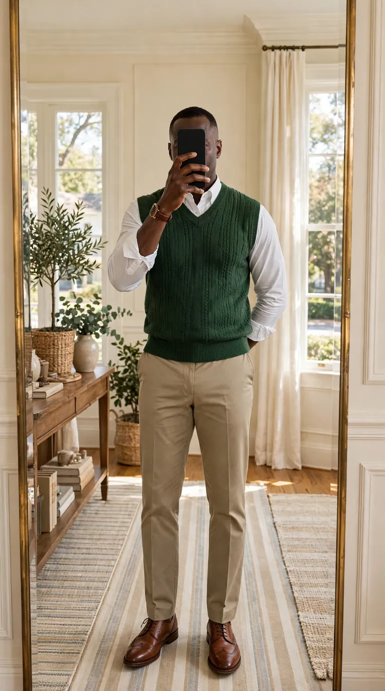Black man in a forest green sweater vest over a white oxford shirt with khaki chinos and brogues, mirror selfie