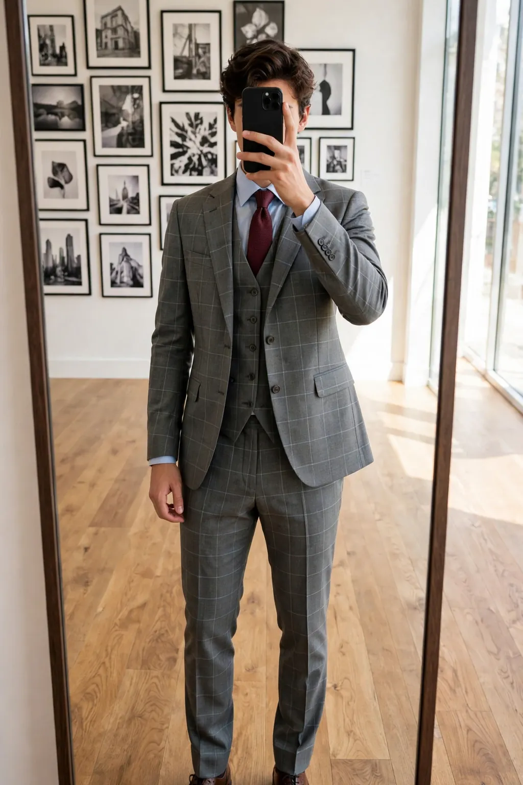 Young man in a gray windowpane check three-piece suit with burgundy tie, mirror selfie
