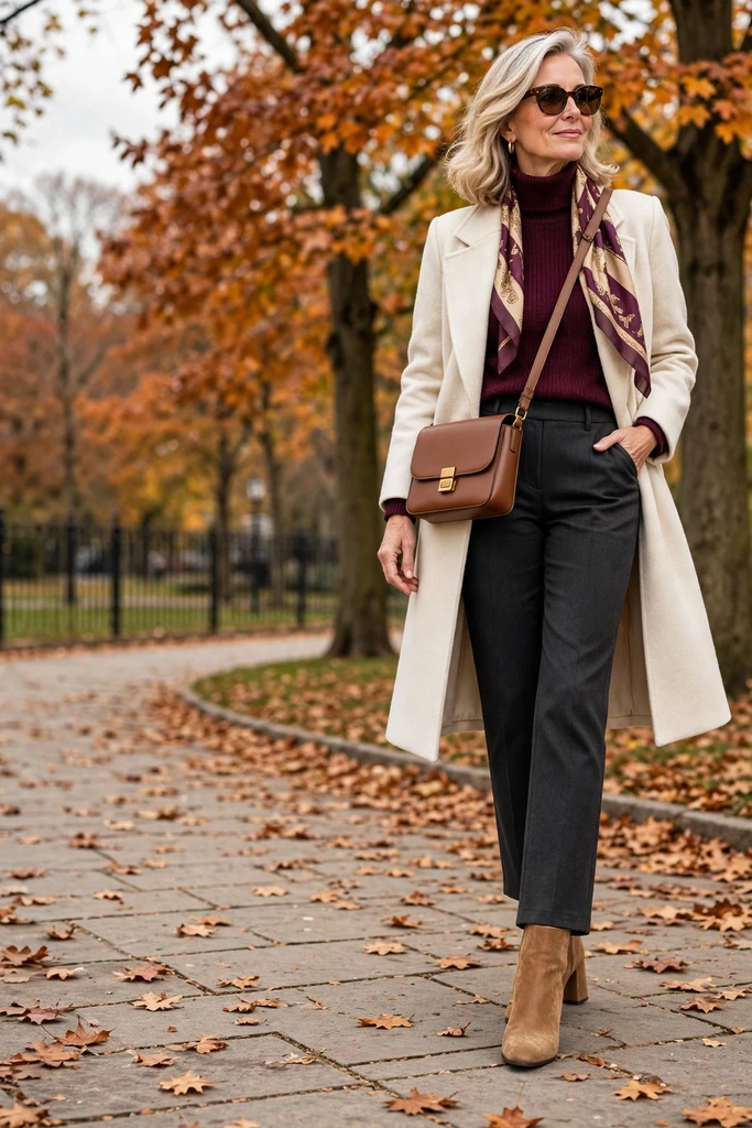 Burgundy Knit, Camel Coat, and Black Trousers
