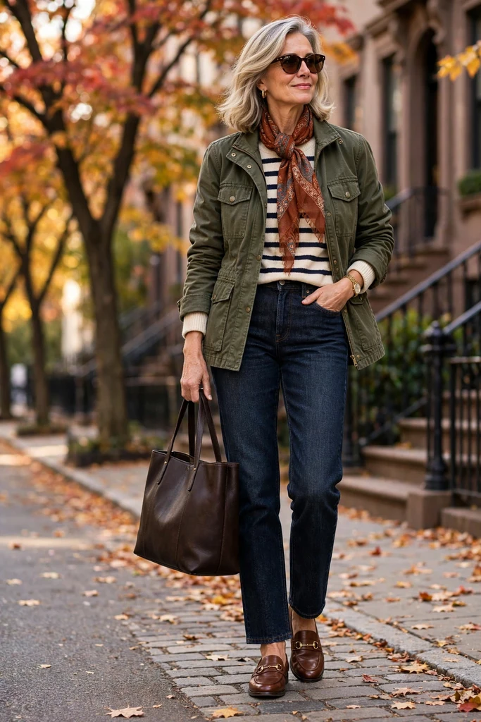 Olive Utility Jacket with Striped Knit