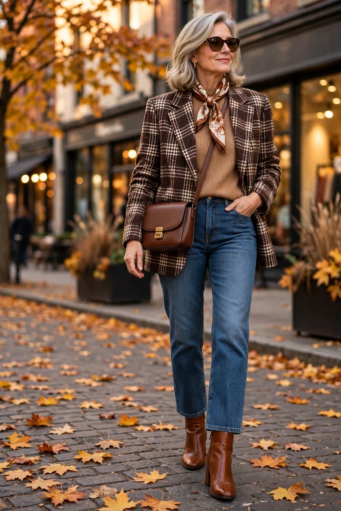 Camel Plaid Blazer with Classic Denim