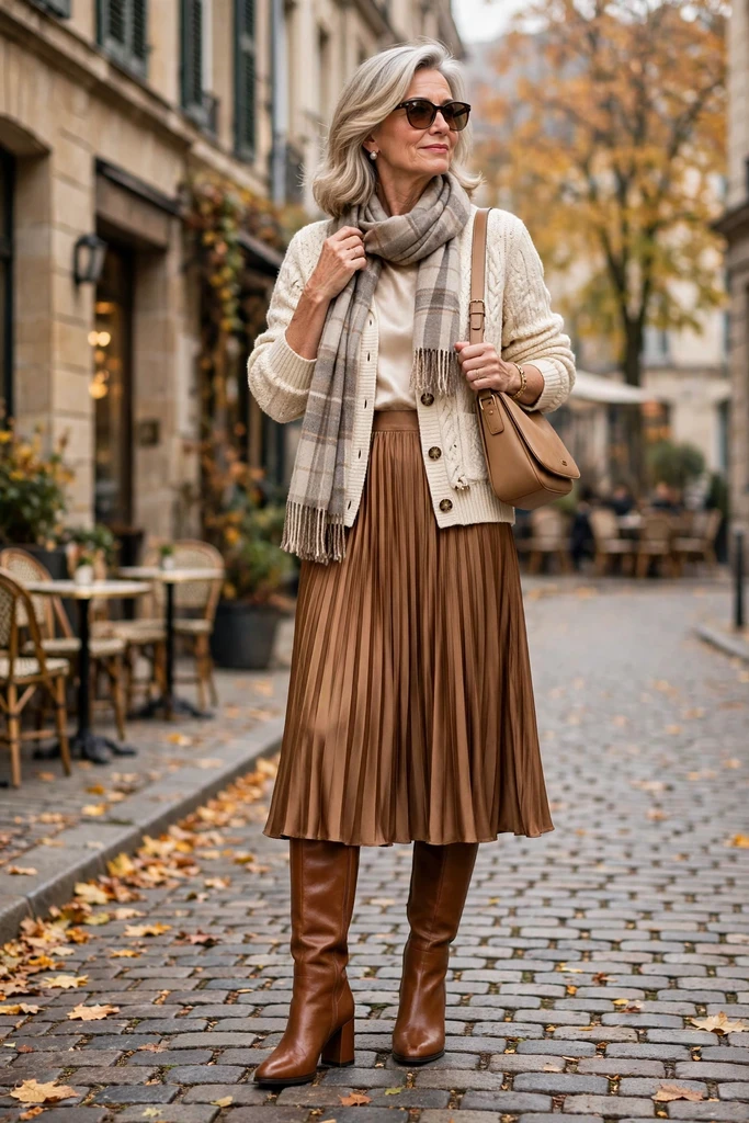 Cream Cardigan with a Chocolate Midi Skirt
