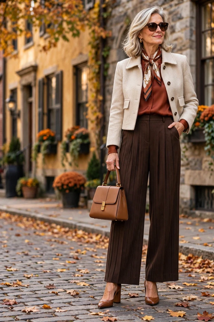 Rust Satin Blouse, Brown Trousers, and a Camel Coat