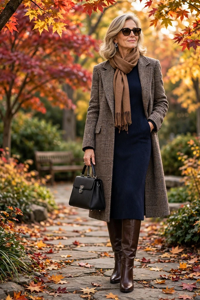 Navy Knit Dress Under a Long Plaid Coat