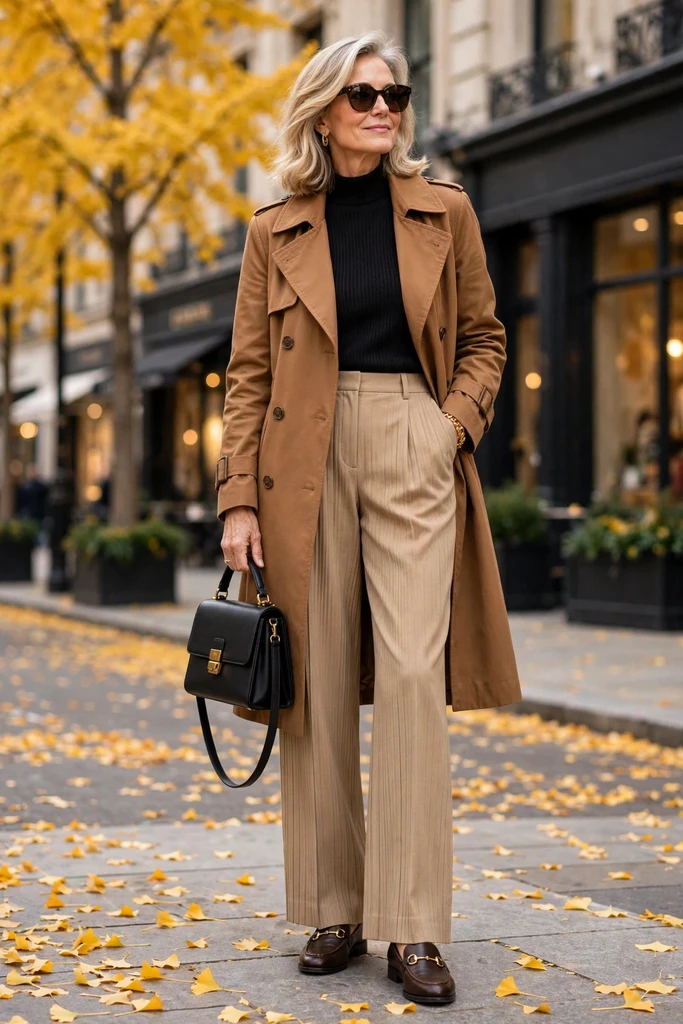 Black Turtleneck with Camel Wide-Leg Trousers