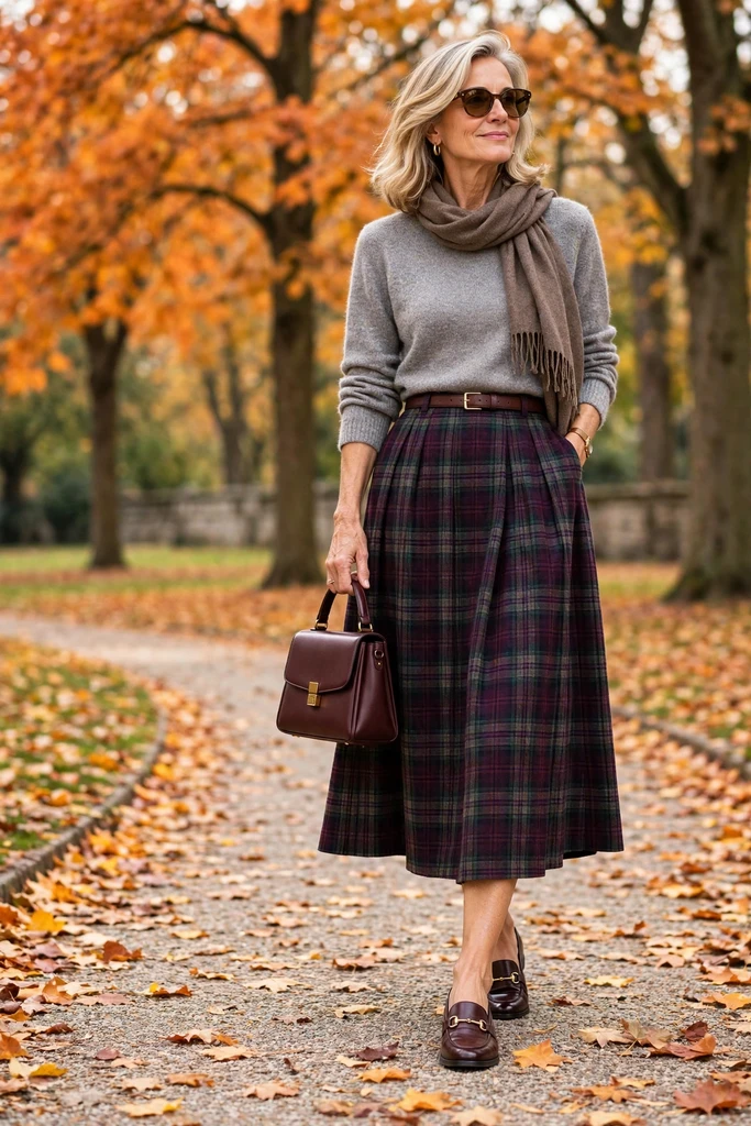 Gray Knit with a Burgundy Plaid Skirt