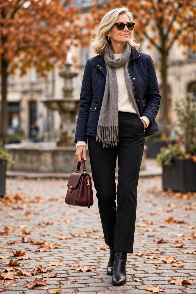 Navy Quilted Jacket with Black Trousers
