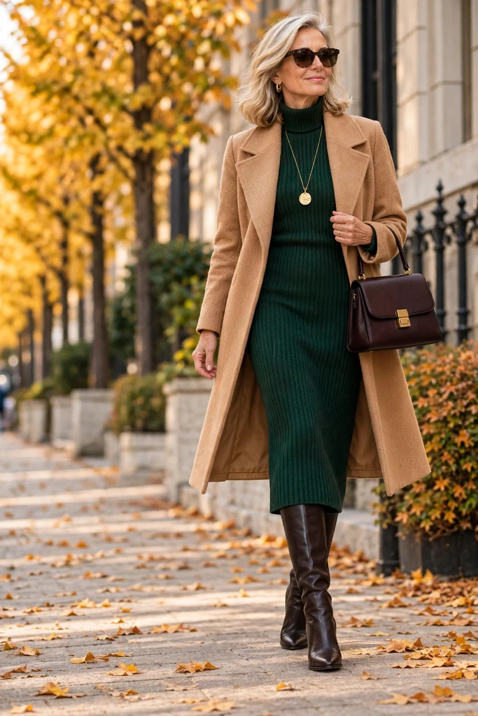 Rust Sweater Dress with a Camel Coat