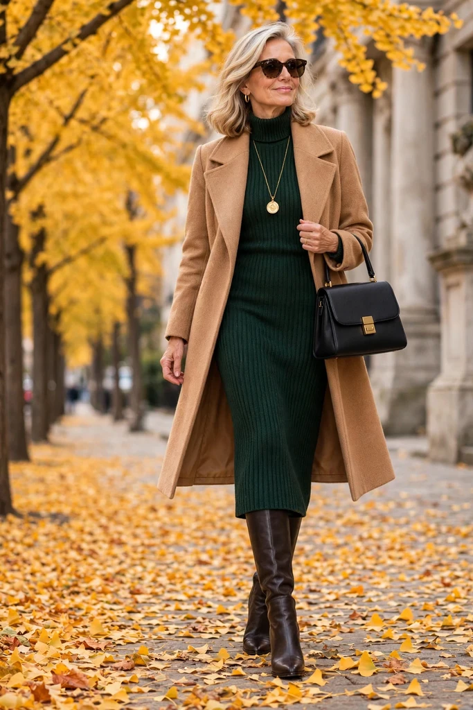 Forest Green Knit Dress with a Camel Coat