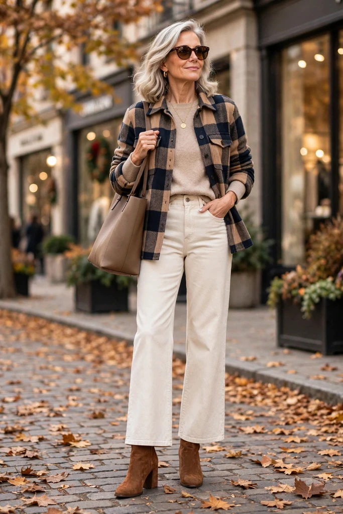 Plaid Shacket with Cream Trousers and Ankle Boots