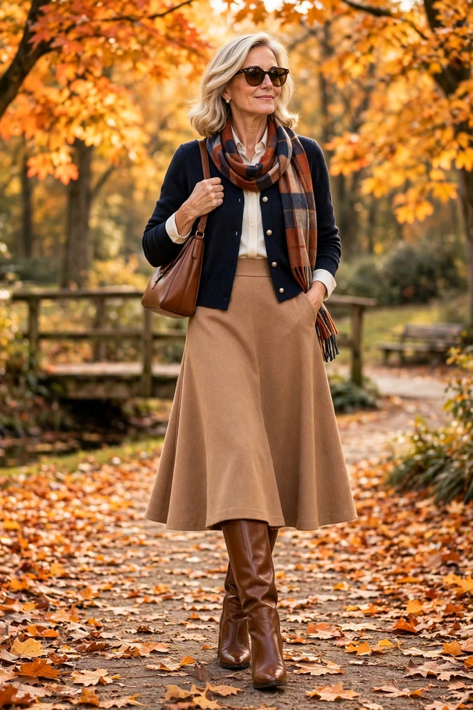 Navy Cardigan with a Camel Midi Skirt