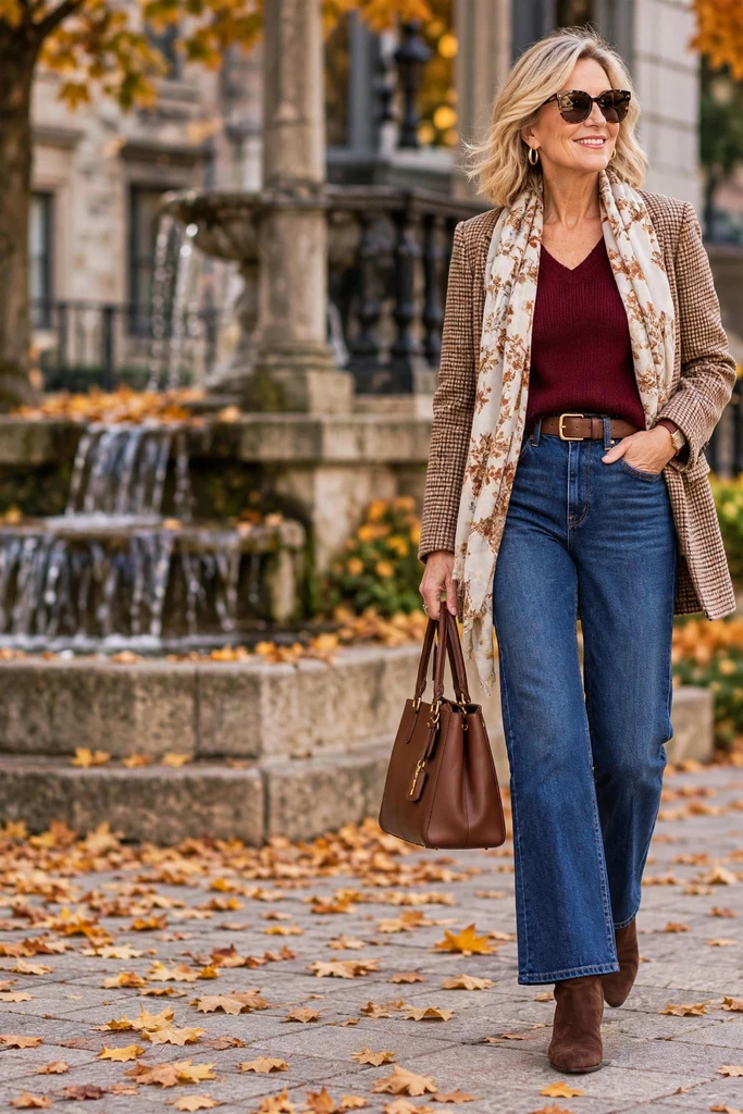 Burgundy Knit, Jeans, and a Plaid Blazer