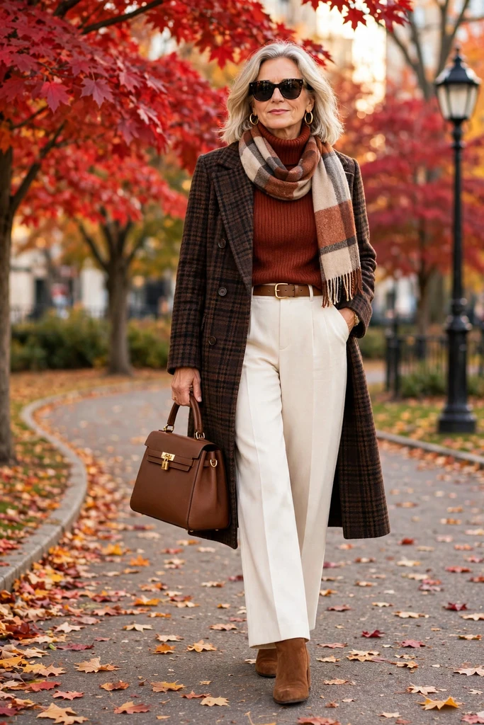 Rust Turtleneck with Ivory Trousers