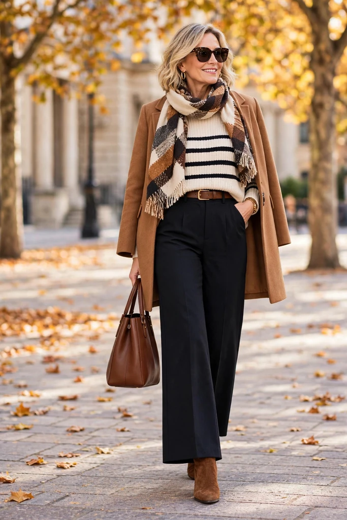 Striped Knit, Camel Coat, and Black Trousers