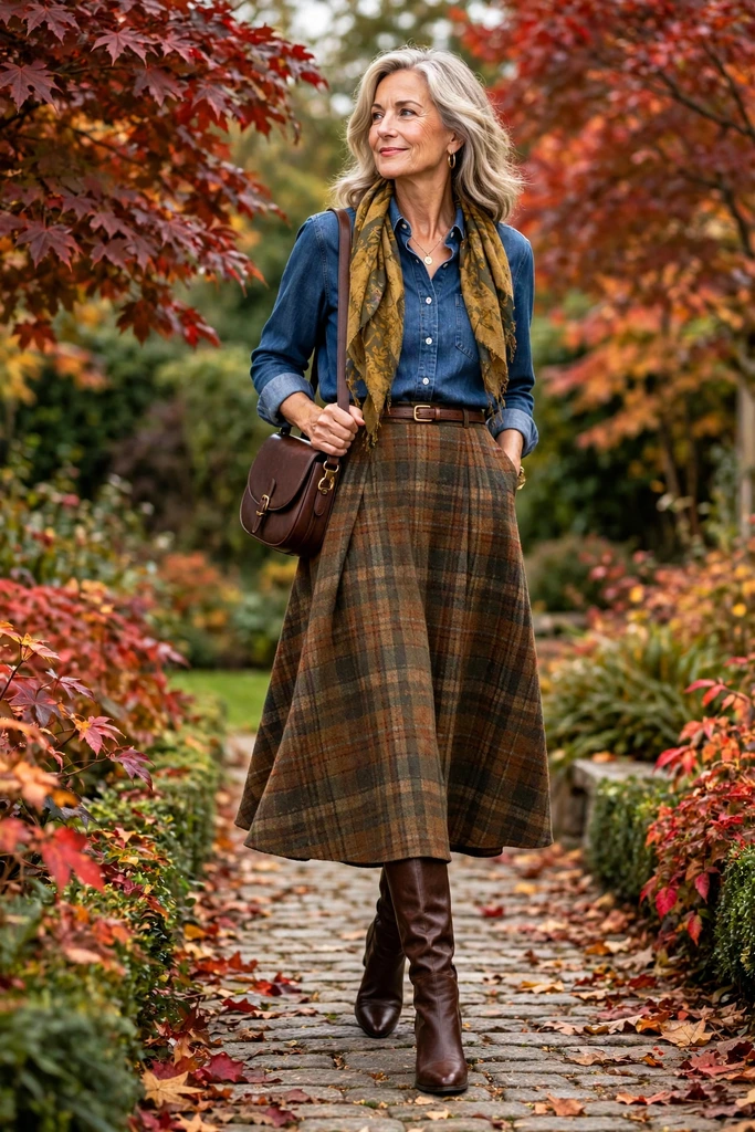 Denim Jacket, Plaid Midi Skirt, and Tall Boots