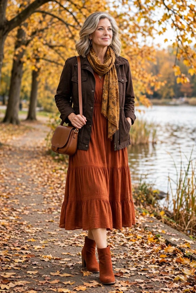 Burgundy Dress with an Olive Utility Jacket