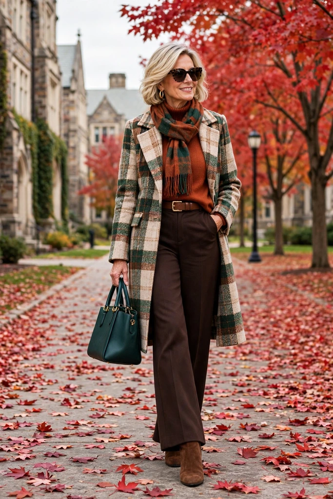 Camel Sweater, Plaid Coat, and Ivory Trousers
