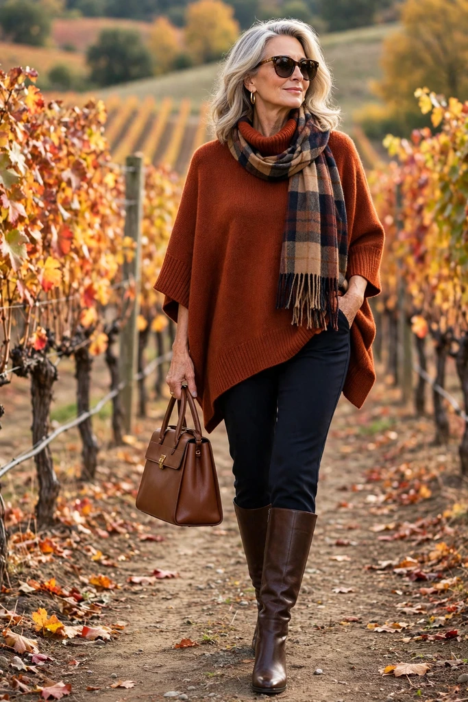 Camel Poncho with Slim Black Pants