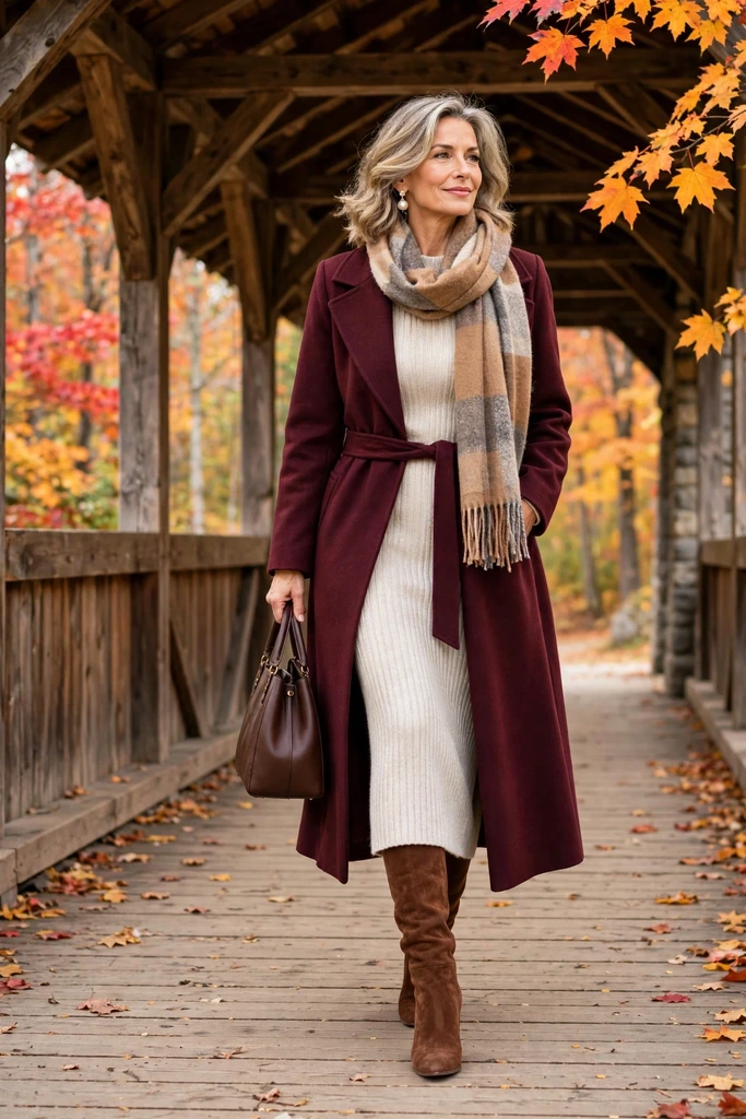 Cream Knit Dress with a Camel Coat