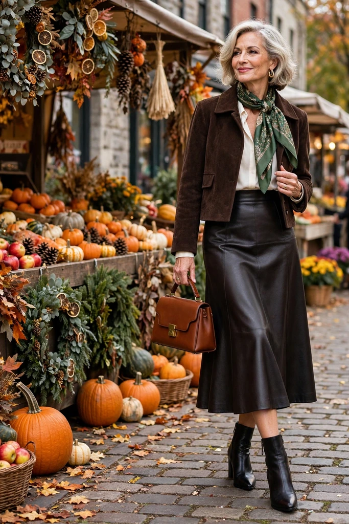 Suede Jacket with a Leather Midi Skirt