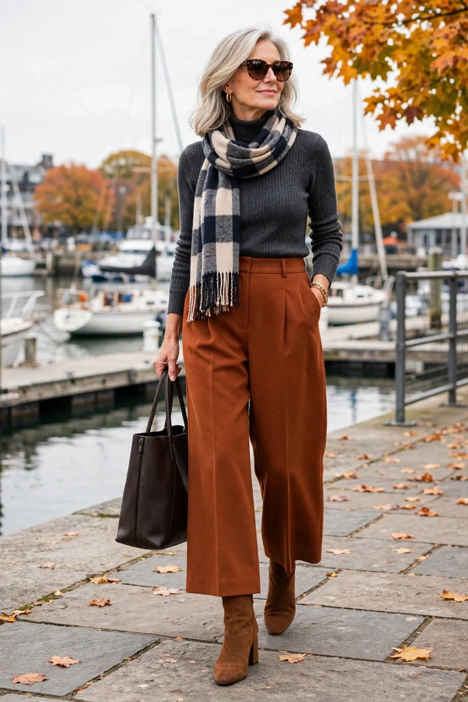 Black Turtleneck with a Camel Midi Skirt