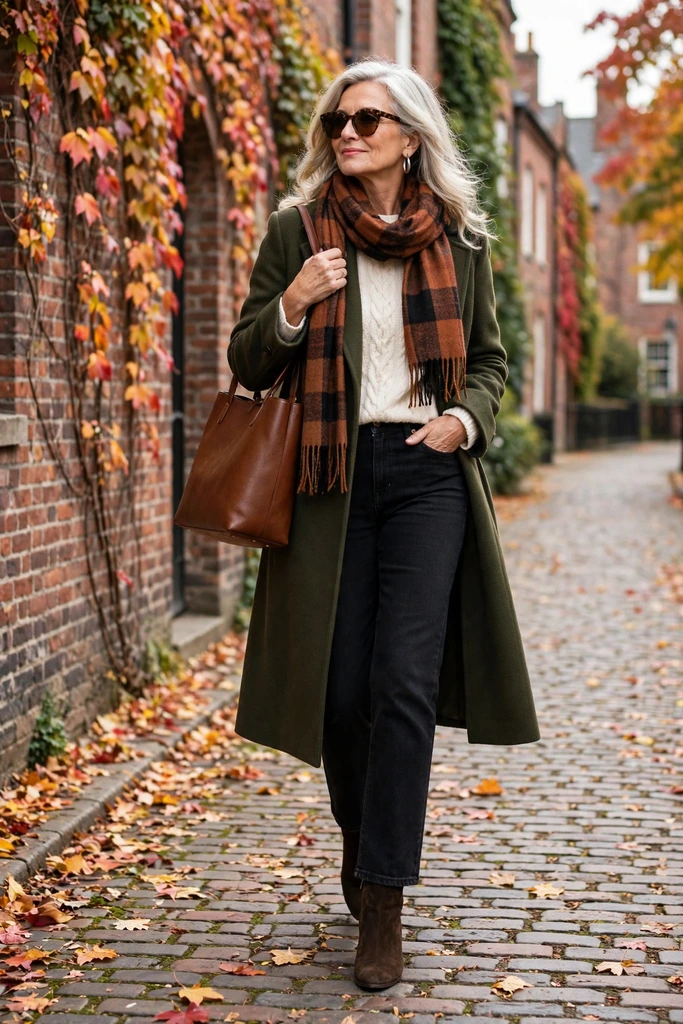 Camel Coat with Cream Knit and Denim