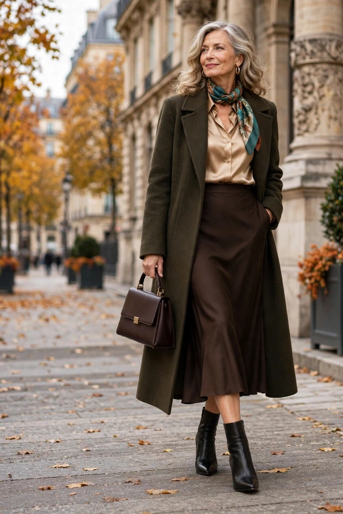 Rust Satin Blouse with a Chocolate Midi Skirt