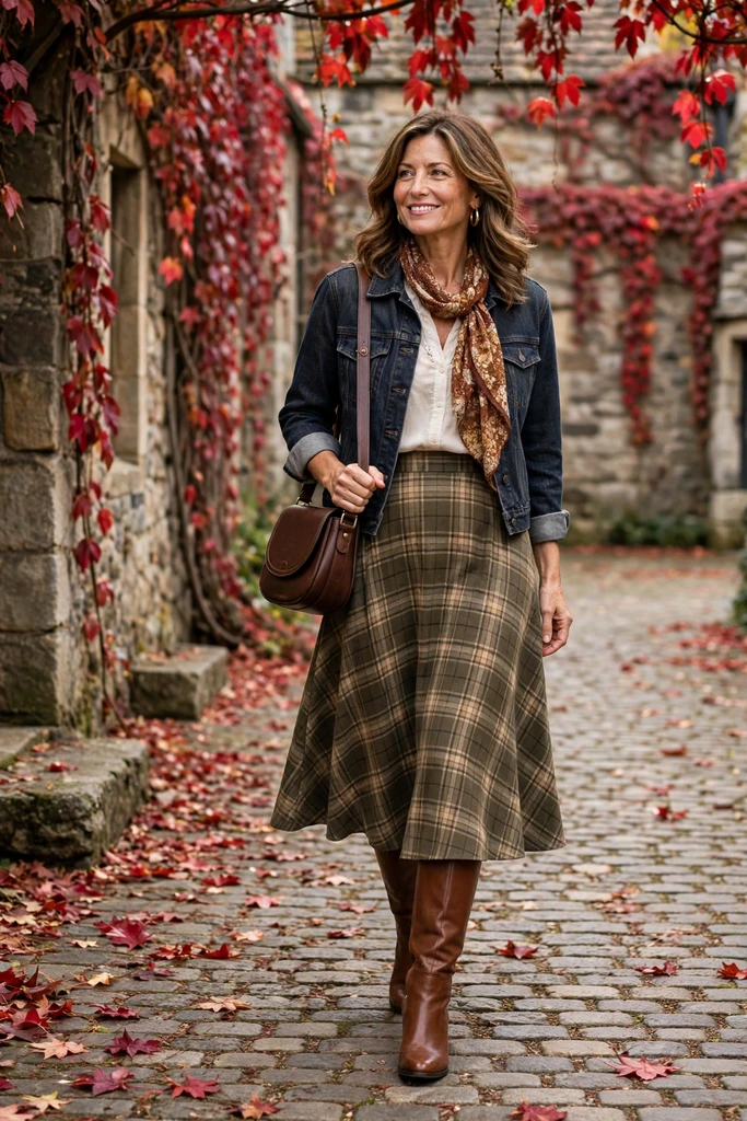 Cropped Denim Jacket with a Plaid Midi Skirt