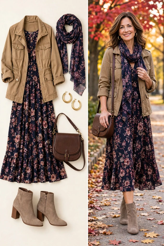 Burgundy Florals with a Utility Jacket