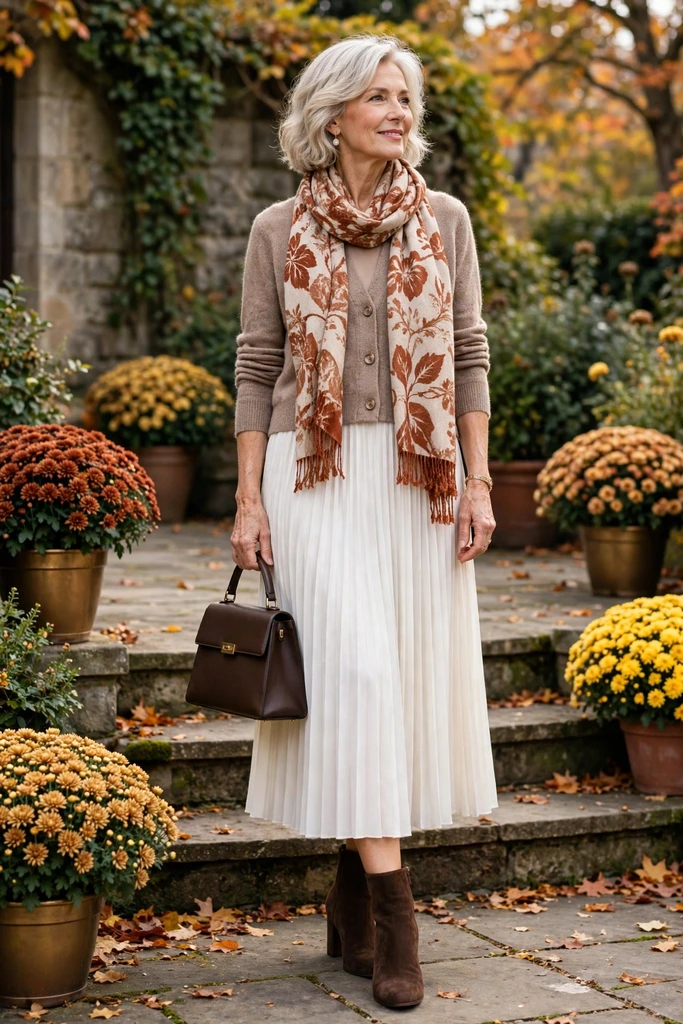 Taupe Cardigan with an Ivory Pleated Skirt