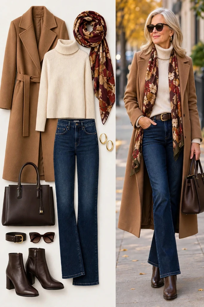 Olive Coat over Cream and Denim