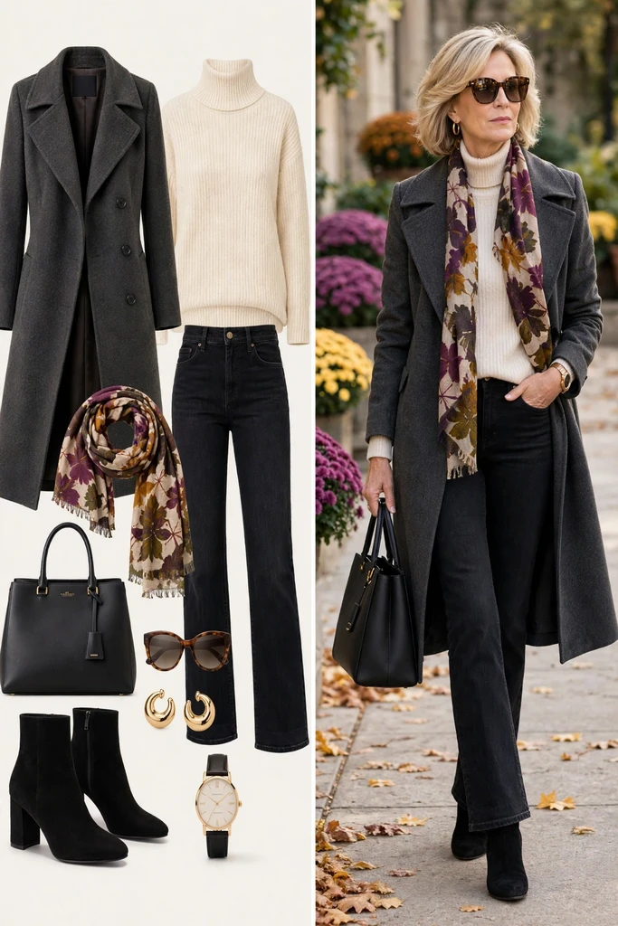 Olive Coat, Cream Knit, and Wide Denim