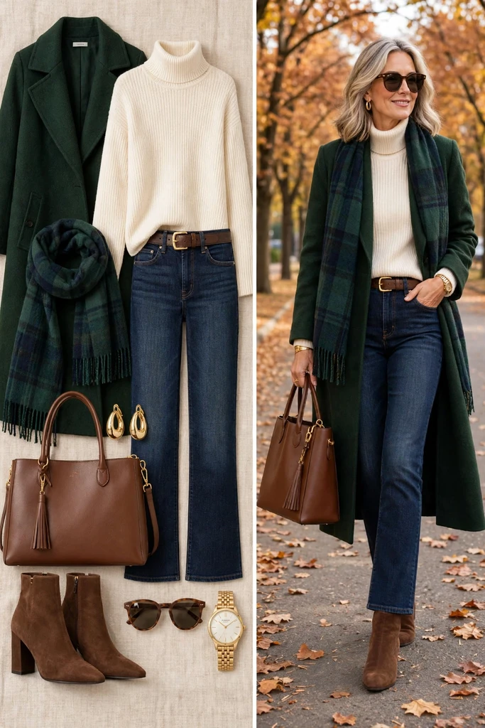 Chocolate Coat with a Cream Turtleneck