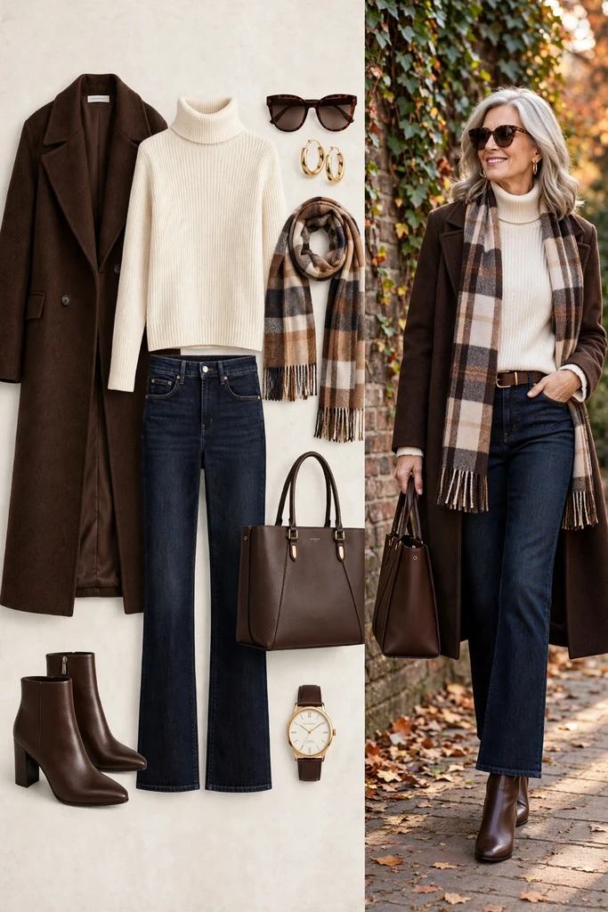 Camel Coat with Dark Wide-Leg Jeans