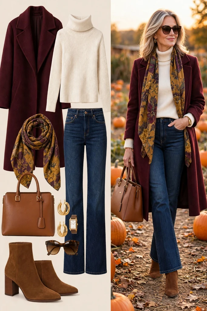 Olive Coat with a Floral Scarf