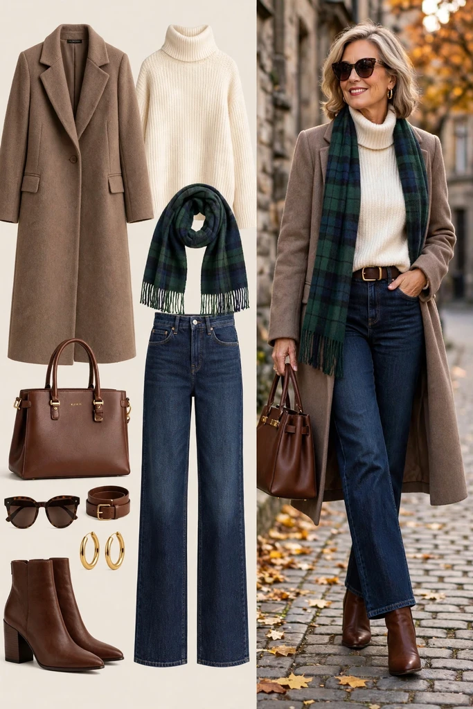 Camel Coat with a Classic Plaid Scarf