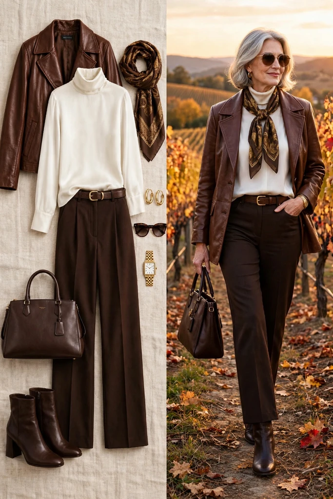 Cognac Jacket with a White Blouse