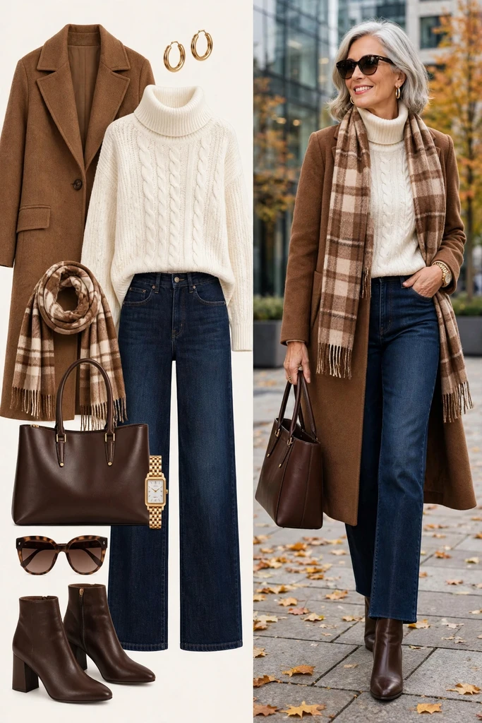 Camel Coat with a Cream Knit