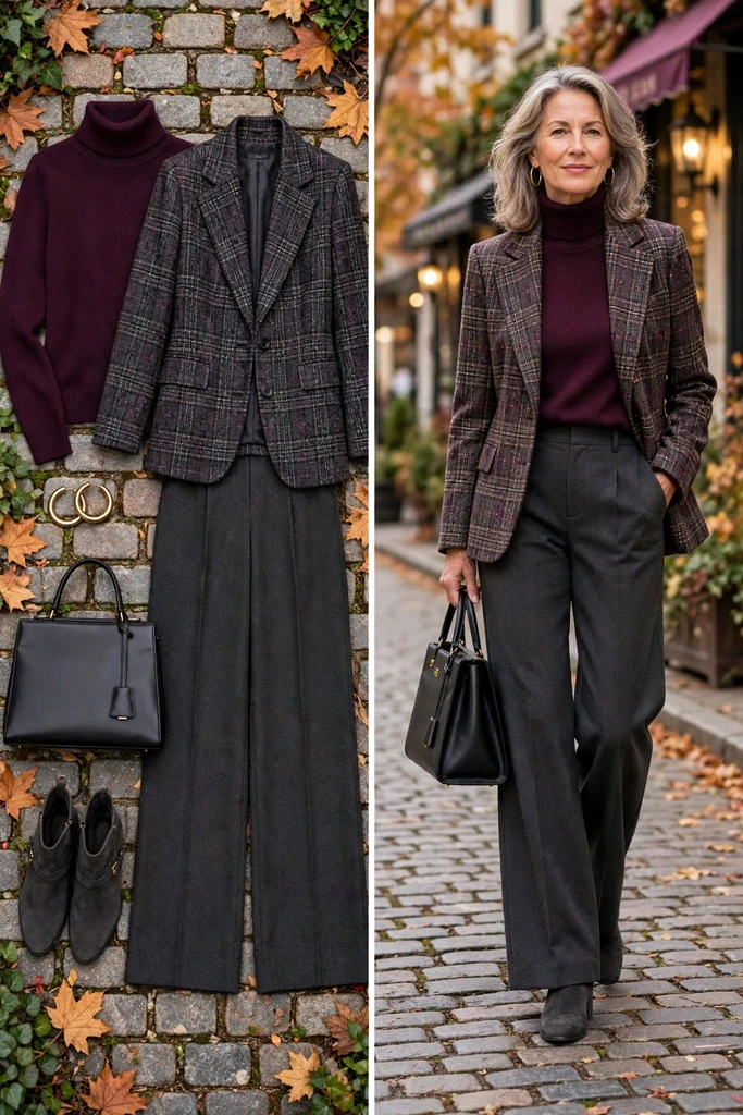 Burgundy Knit, Plaid Blazer, and Charcoal Trousers