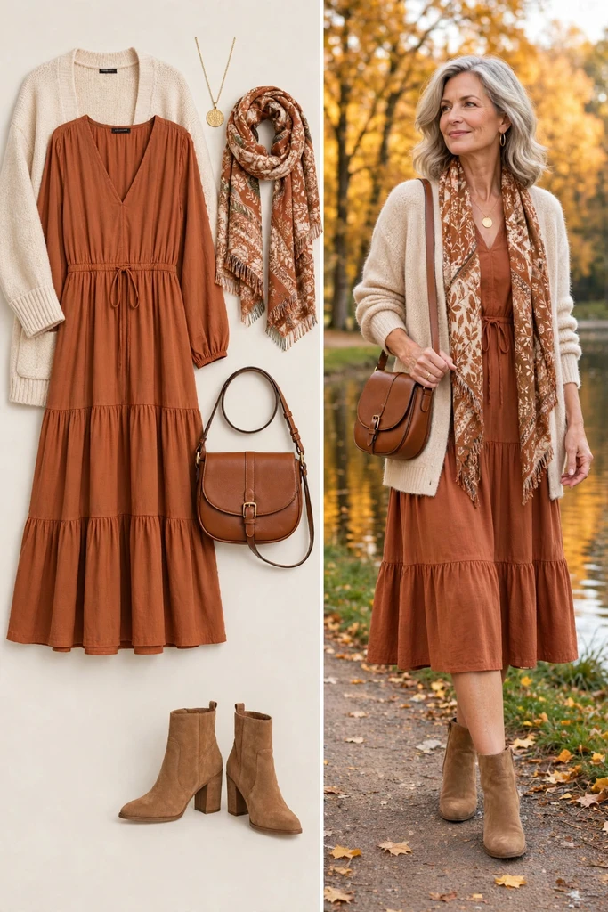 Olive Tiered Dress with a Taupe Cardigan