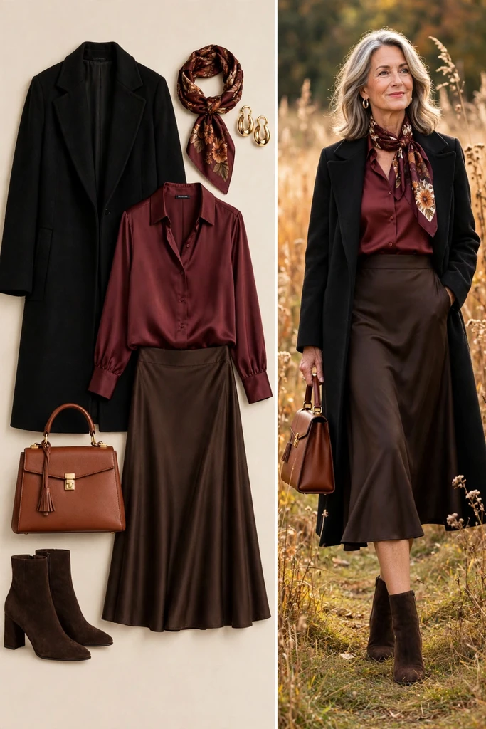 Rust Satin Blouse with a Chocolate Midi Skirt