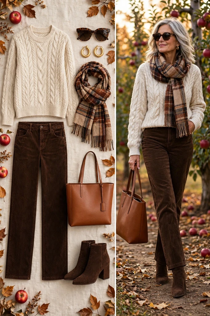 Cream Cable Knit with Brown Trousers