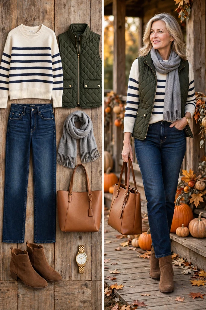 Striped Knit, Quilted Vest, and Denim