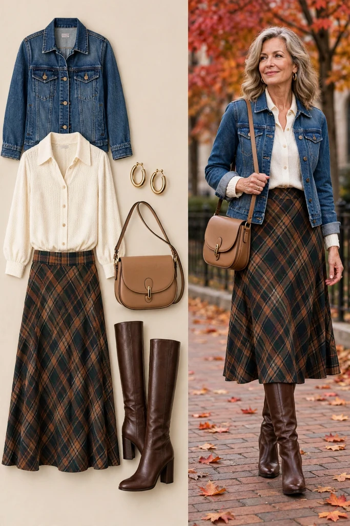 Denim Jacket with a Plaid Midi Skirt
