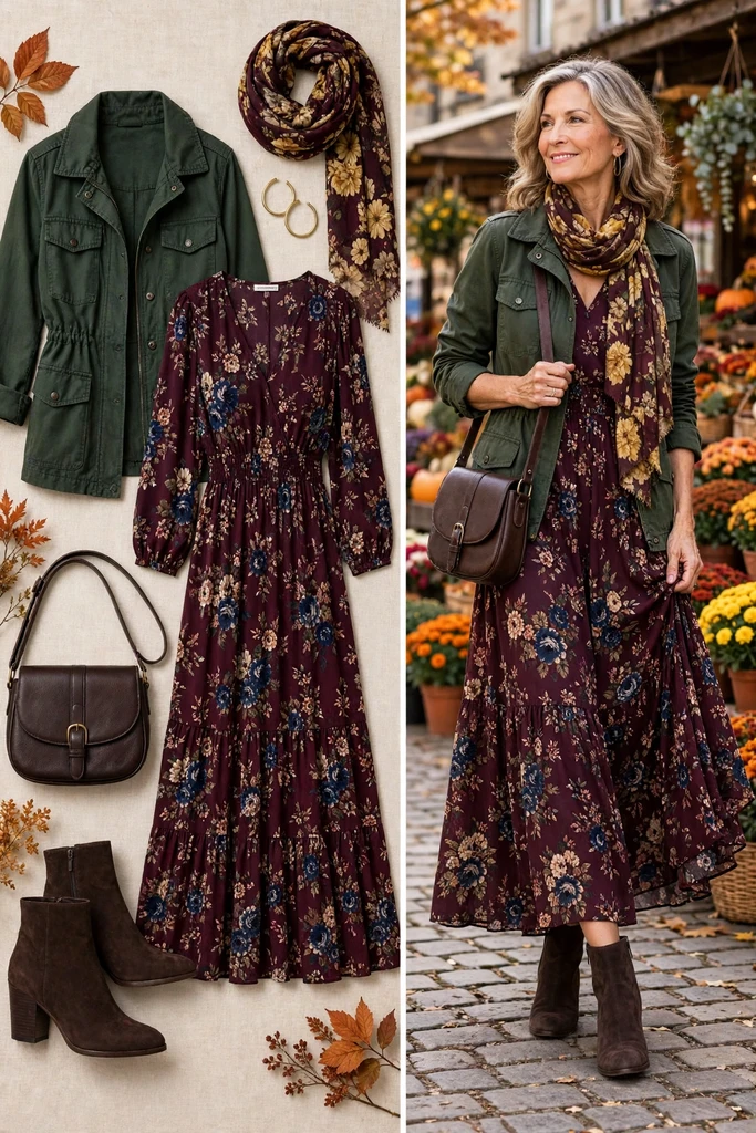 Burgundy Floral Dress with an Olive Jacket
